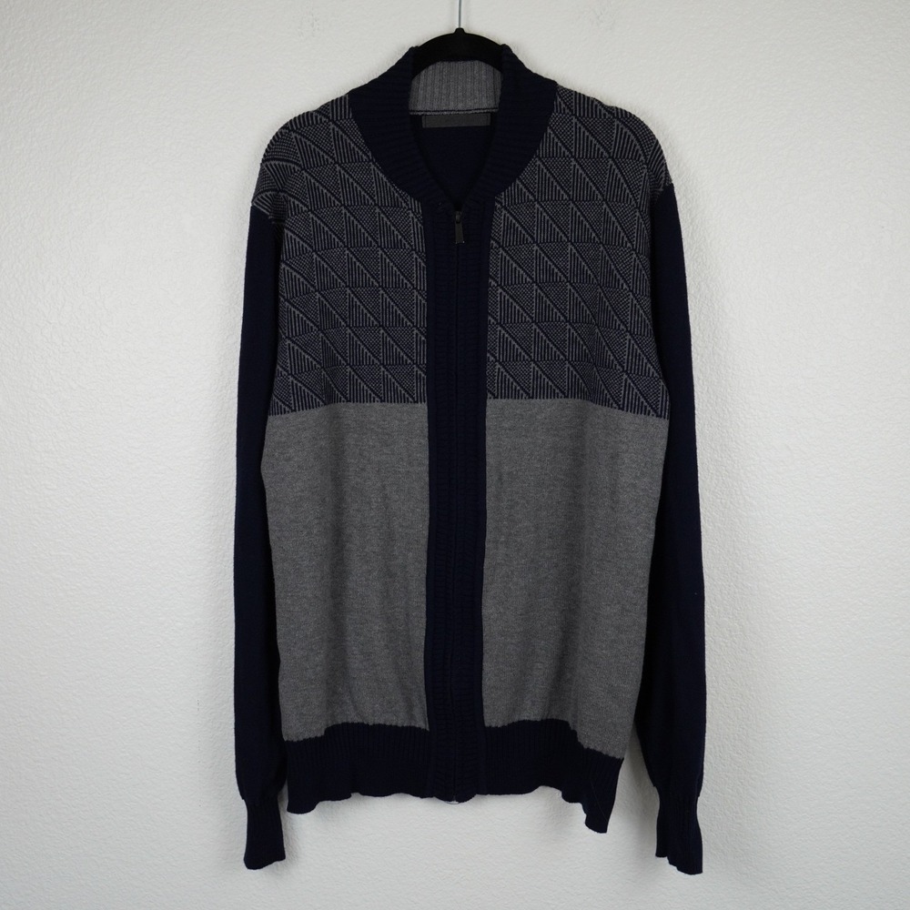 Sean John Mens Zip Up‎ Cardigan Sweater Navy Blue Gray Geometric Pattern XL